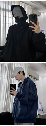 Retro Korean Street Pullover – Autumn Fleece Button Up Neck Hip Hop Sweatshirts For Men Solid Color Oversized Y2K Hoodies High Street Fashion Hooded Tracksuit | Zip Knit Drop #117