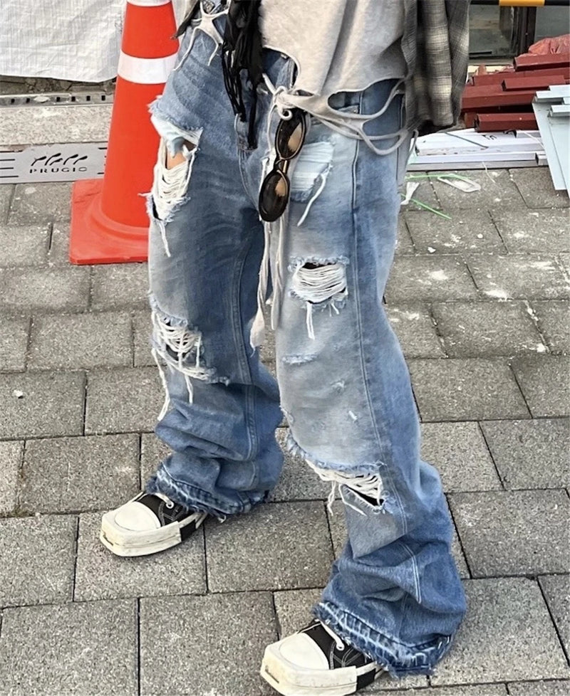 vintage ripped flared jeans blue straight baggy jeans trousers streetwear luxury loose casual distressed denim pants male unique jeans style 599
