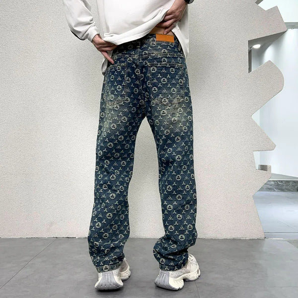 men jacquard streetwear hip hop vibe casual straight denim jeans pants boyfriend high street ripped jeans trousers denim street jeans