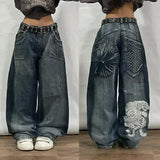 american y2k new fashion pattern embroidered spot straight jeans men street hip hop retro loose wide leg pants couple punk jeans unique jeans style 2937