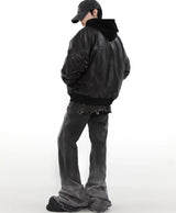 Winter American Fake Two Pieces Parkas Mens Heavy Weight Thicken Hip Hop PU Leather Cotton Jacket Trend Loose Motorcycle Coats
