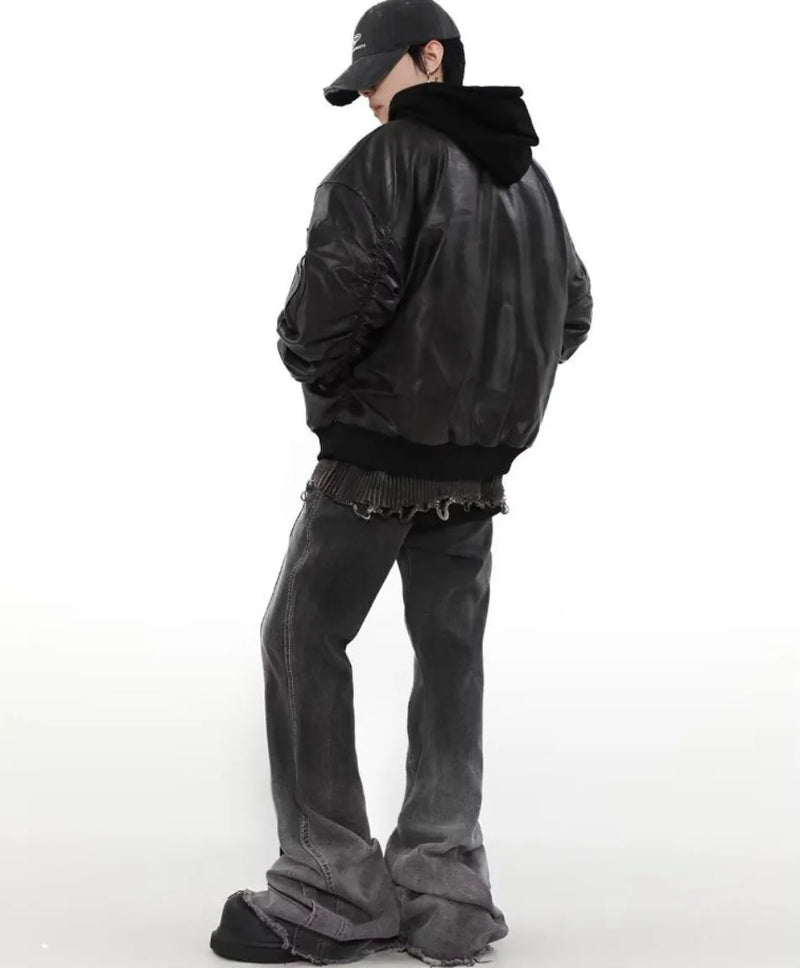 Winter American Fake Two Pieces Parkas Mens Heavy Weight Thicken Hip Hop PU Leather Cotton Jacket Trend Loose Motorcycle Coats
