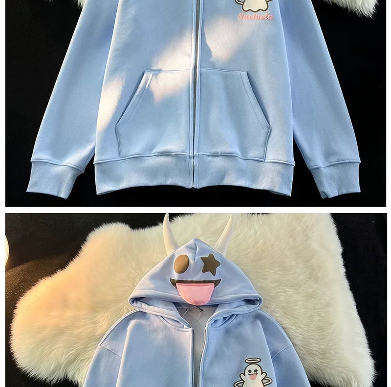 Japanese Devils Corner Hoodie Womens Couple Loose Gothic Winter Clothing Plush Hoodie Womens Zipper Hoodie  sweatshirt