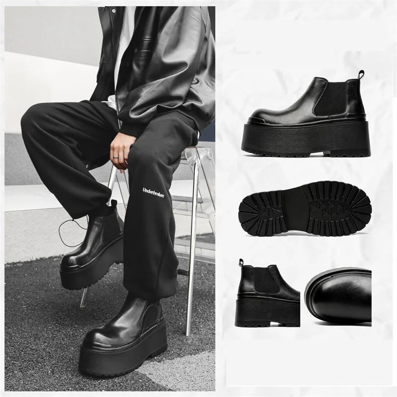 Increase Chelsea Men's Streetwear Fashion Thick Soled Platform Leather Casual Shoes Luxury Designer Boots Shoe for Men