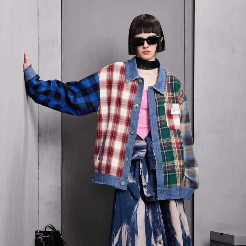 material - design casual wear premium fit oversized essential style urban hop unisex 571590 print hip men-hip-hop-denim-jacket-plaid-patchwork-oversized-harajuku-y2k-unisex-jeans-jackets-2023-man-fashion-causal-jacket-outwear fashion high quality streetwear everyday image graphic style streetwear design ID 76633