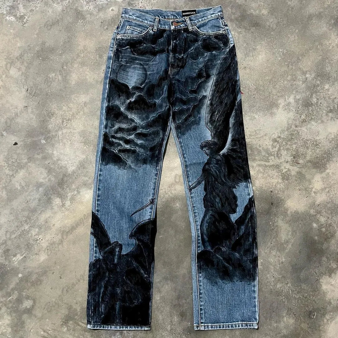 european and american style wide foot angel pattern y2k jeans womens autumn and winter printed fashionable ethnic pants stacked flare jeans