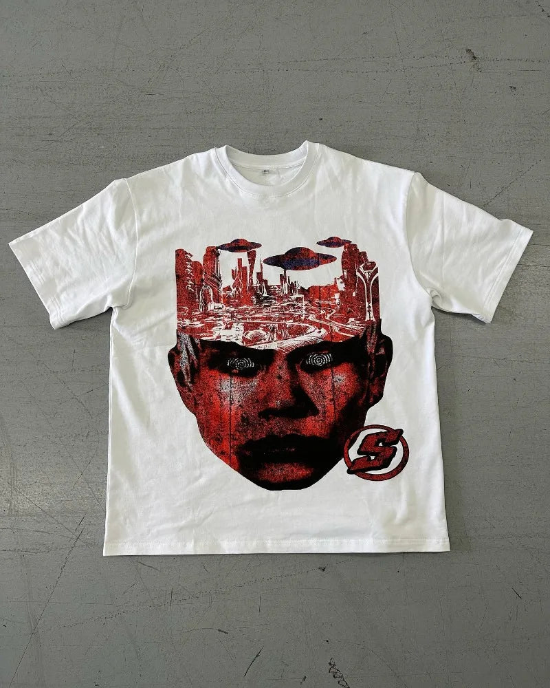 Vaporwave Chrome logo – Y2K Fashionable Gothic Punk Devil Pattern Printed T Shirt Me