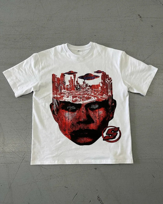 Vaporwave Chrome logo – Y2K Fashionable Gothic Punk Devil Pattern Printed T Shirt Me