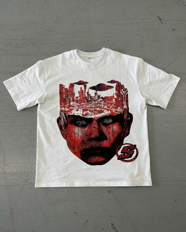 Vaporwave Chrome logo – Y2K Fashionable Gothic Punk Devil Pattern Printed T Shirt Me