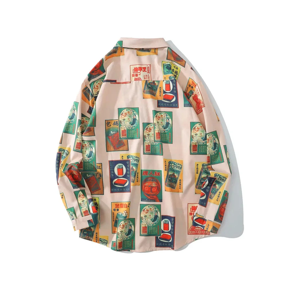 Dark Icon Vintage Printed Shirts Men Turn-down Collar Men's Shirt Streetwear Shirts for Man