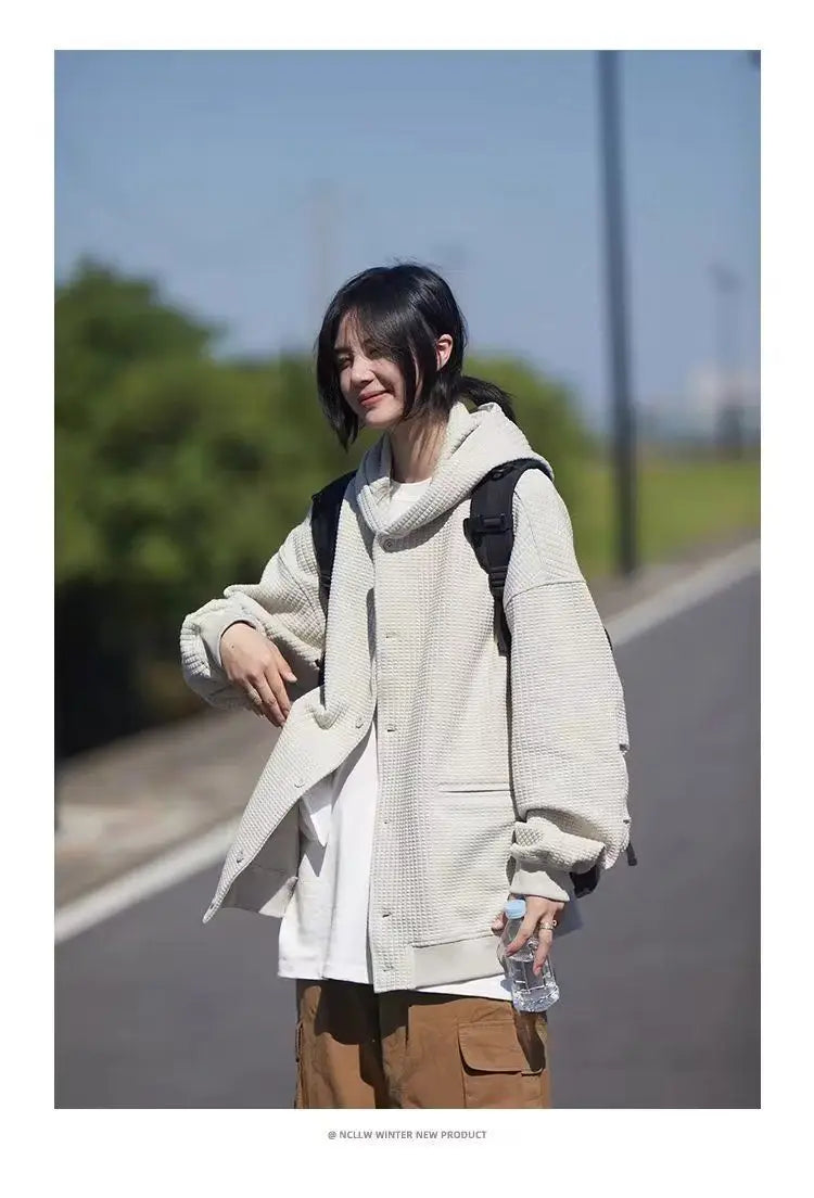 Korean Retro Y2K Waffle Hooded Jacket for Men and Women Ins Harajuku Style Casual Loose