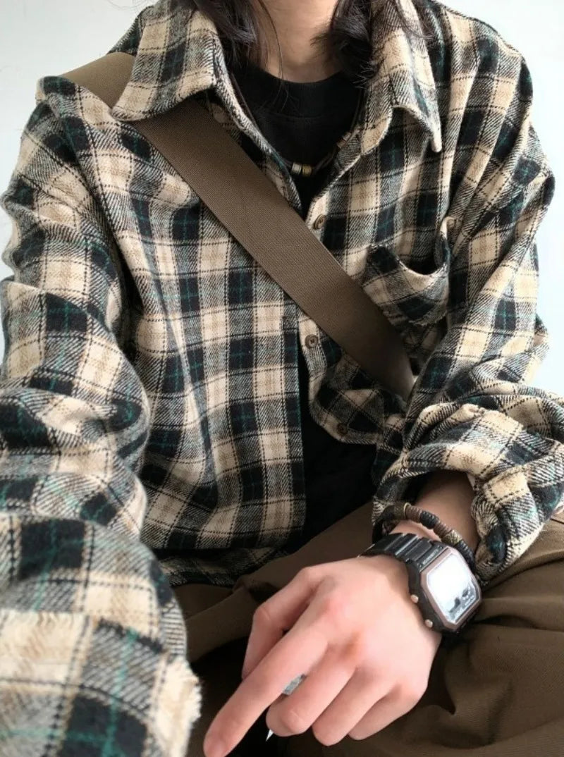 japanese college mens sets rough edge embroidery plaid shirt jackets big pocket retro cargo pants 2 pcs 2024 new casual suits unique cargo style 4448