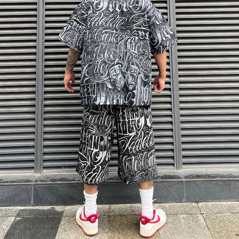 streetwear west coast full print floral over knee shorts for men summer patchwork wide leg baggy five points pants oversized techwear shorts