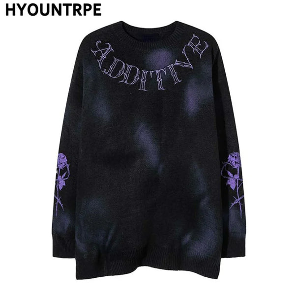 hip hop knitted sweater streetwear mens letter rose printed punk gothic oversized o neck pullover jumpers harajuku loose tops trendy hip hop style outerwear, high quality cotton pullover, unique limited edition hoodie