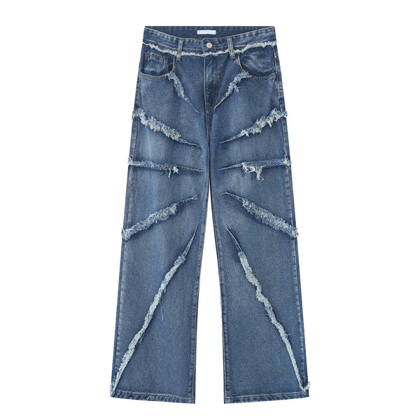 2023 european and american mens jeans new products personality trend hip hop fringed loose wide leg denim trousers ripped baggy denim