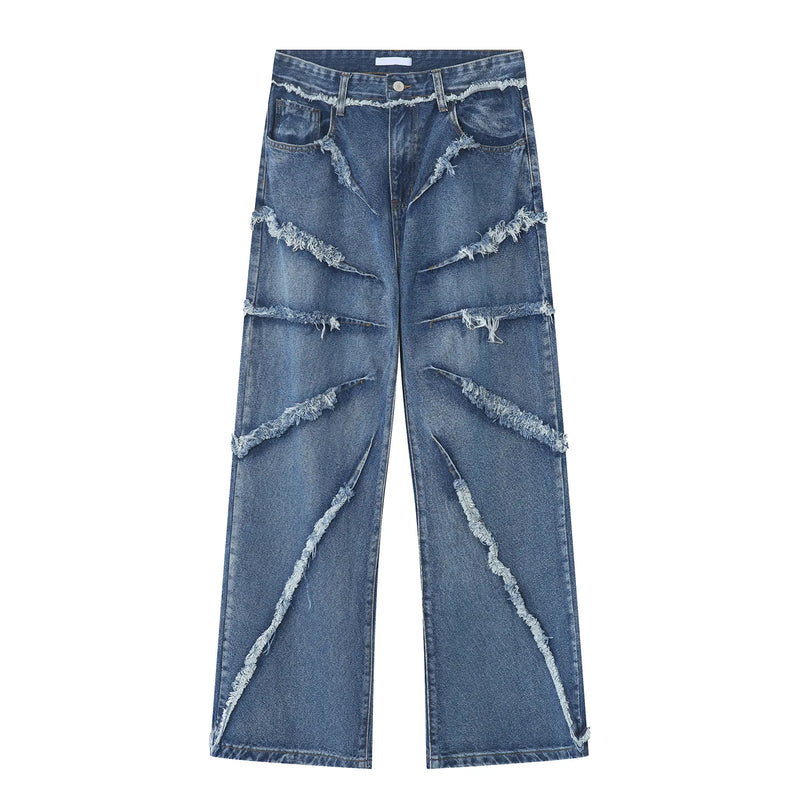 2023 european and american mens jeans new products personality trend hip hop fringed loose wide leg denim trousers ripped baggy denim
