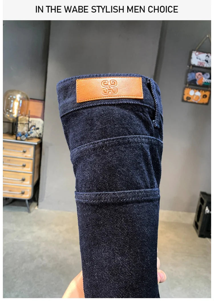men streetwear splice denim fashion brand hip hop loose casual straight jeans pant cityboy deep blue y2k jeans trousers for men unique jeans style 1884