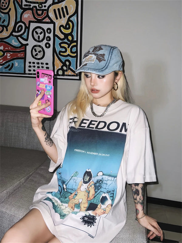 Cyberpunk Vintage t-shirt – Vintage High Street Summer New Astro Print Loose Casual Roun