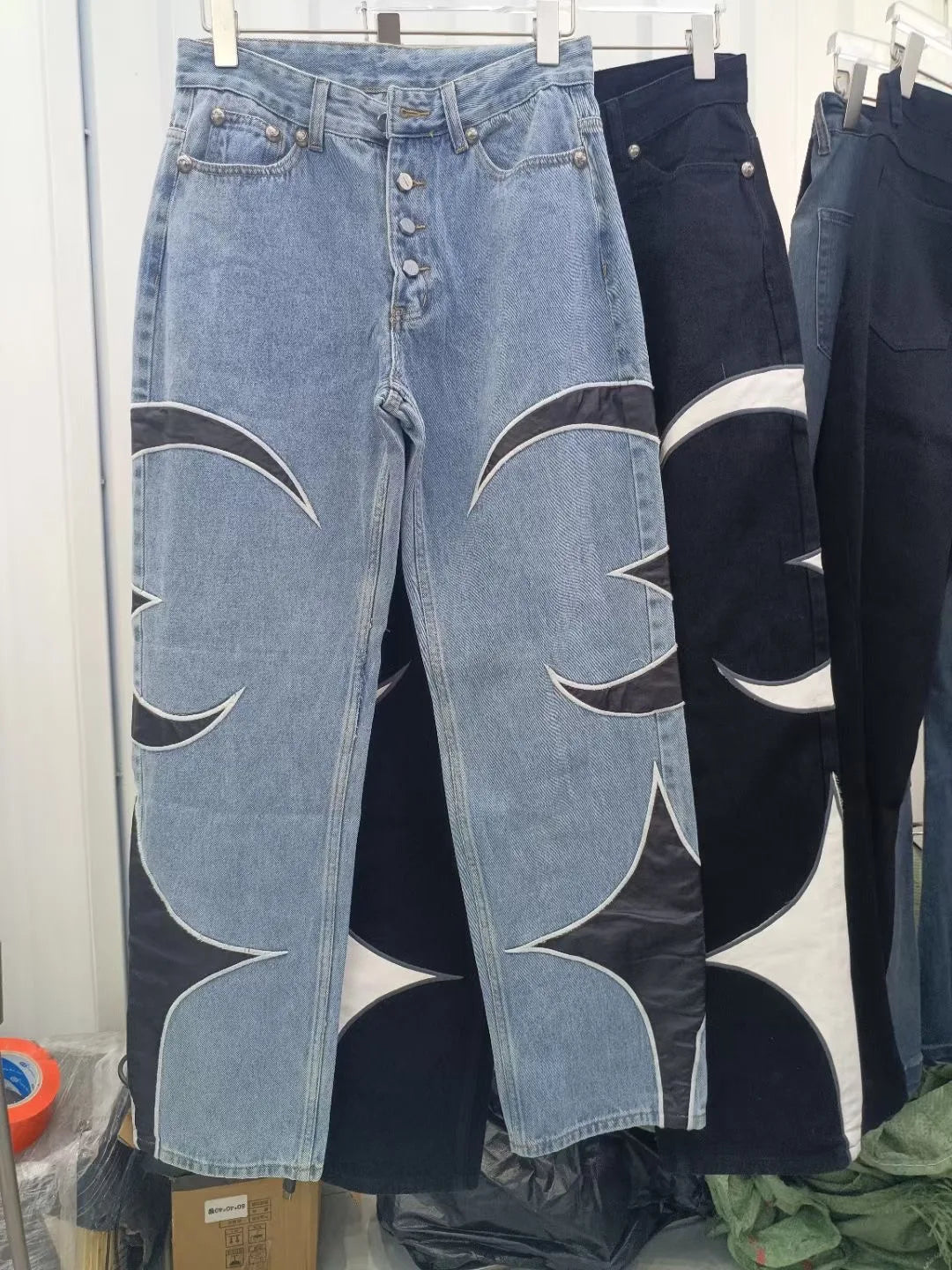 letter embroidery pu leaher patchwork baggy y2k jeans mens streetwear straight oversized denim trousers unisex cargo pants baggy cargo bottoms