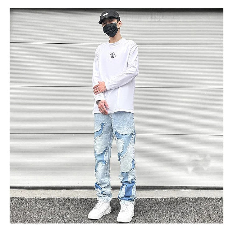 ripped irregular patchwork design denim jeans men casual zipper biker trousers jeans fashion streetwear hip hop pants joggers unique joggers style 3621