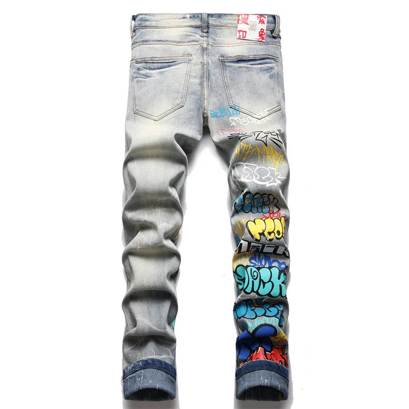 letter graffiti printed denim jeans pants mens punk bottons biker jeans streetwear slim fit hip hop new casual y2k pants joggers unique joggers style 4120