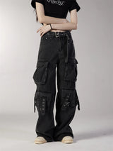 fashion loose streetwear cargo denim jeans unisex casual multi pocket straight jean pants with belt hip hop joggers baggy jeans unique joggers style 3714