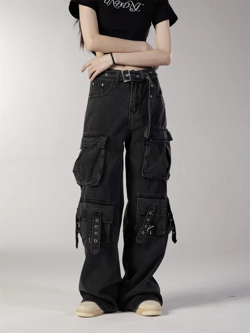 fashion loose streetwear cargo denim jeans unisex casual multi pocket straight jean pants with belt hip hop joggers baggy jeans unique joggers style 3714