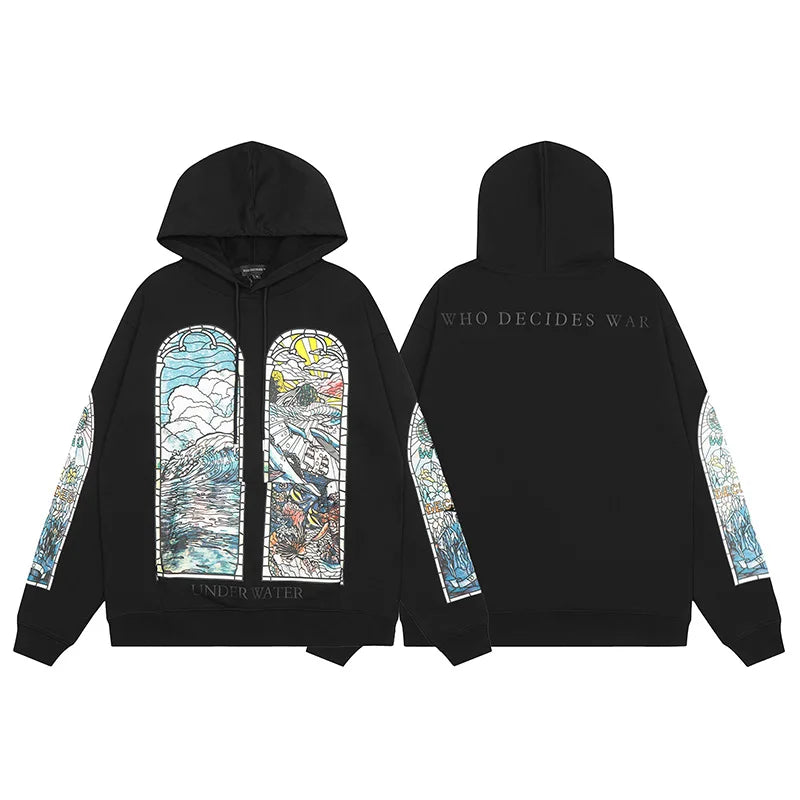 24Ss Autumn And Winter Who Decides War Hoodies Vintage City Cartoon Pr