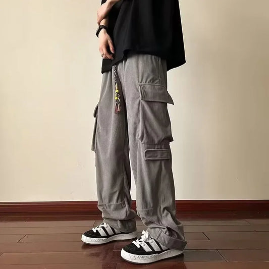 y2k vintage cargo pants for men hip hop corduroy straight wide leg trousers autumn casual baggy pockets streetwear sweatpants sporty tapered joggers