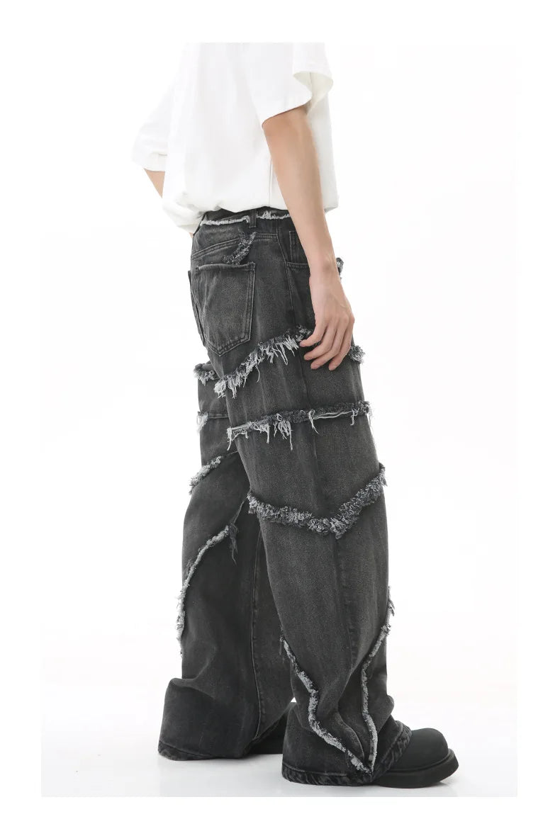 2023 european and american mens jeans new products personality trend hip hop fringed loose wide leg denim trousers unique jeans style 714