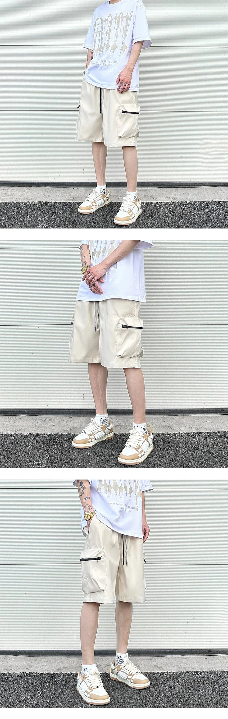 High Street Cargo Jogging Shorts Functional Khaki Cargo Shorts Men's Waterproof Zipper Pockets Casual Baggy Sweat Shorts