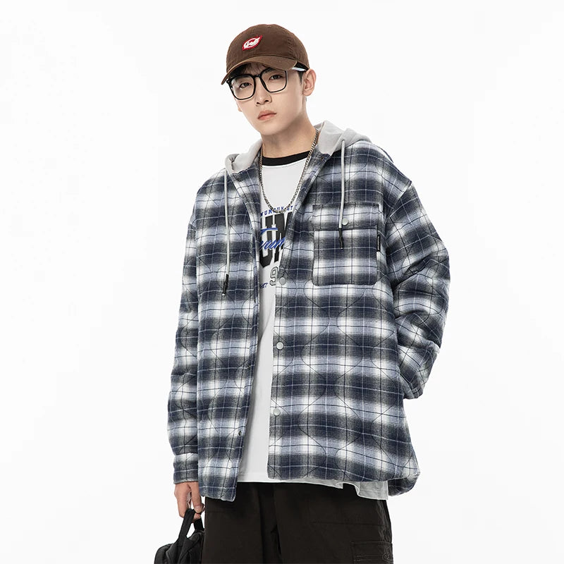 Winter Quilted Thick Plaid Hooded Jacket Men Wmen Streetwear Fashion Oversize Loose Casual Hoody Jacket Padded-cotton Parka Coat