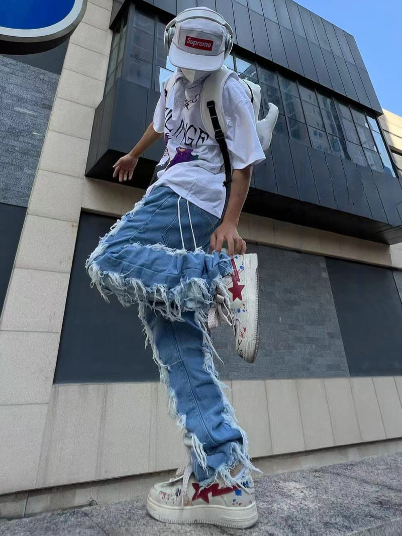 fashion destroyed ripped tassel holes denim jean pants mens casual loose straight baggy y2k jeans hip hop streetwear joggers unique joggers style 14