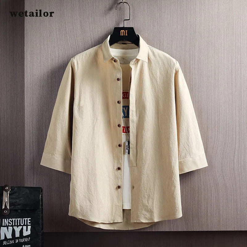 Wetailor New Summer Hot Sale Men's Short Sleeve Shirts Solid Color Easy Care Comfortable Stand-Up Collar Casual Beach Style