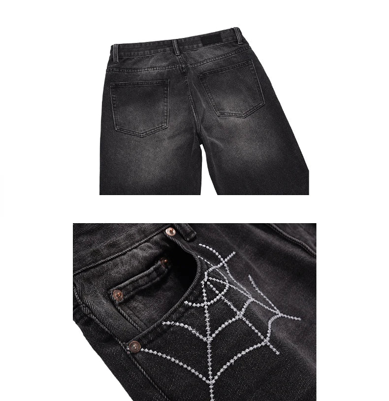 mens hip hop streetwear denim pants cobweb embroidery denim pants 2023 harajuku zipper cotton joggers jeans trousers harem pants unique joggers style 1939