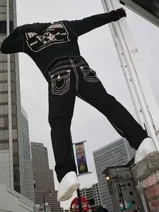 true religion vintage hip hop street leisure denim pants y2k gothic fashion embroidered straight leg wide leg jeans men clothing unique jeans style 4778