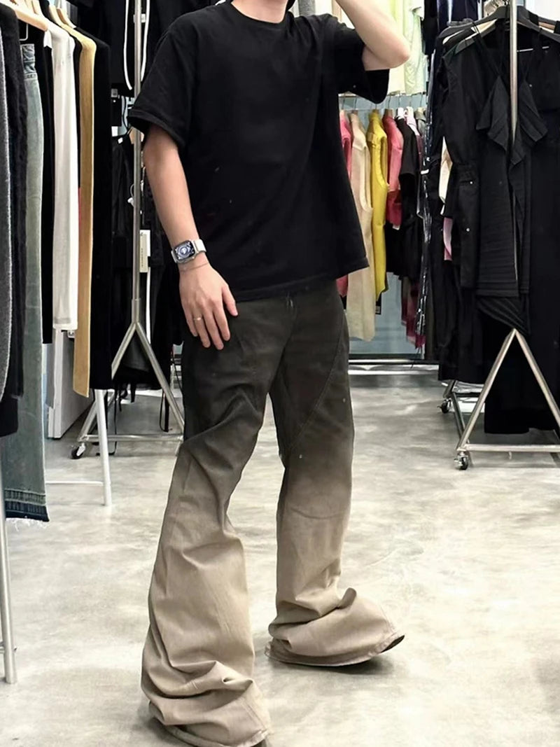 retro patchwork gradient slim flared jeans floor mop wide jean pants street wear new fashionable hip hop washed vintage mens unique jeans style 2786