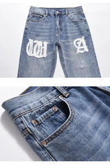 letters patckwork bottom ripped denim jeans men casual straight biker trousers fashion streetwear hip hop jean pants joggers unique joggers style 3741