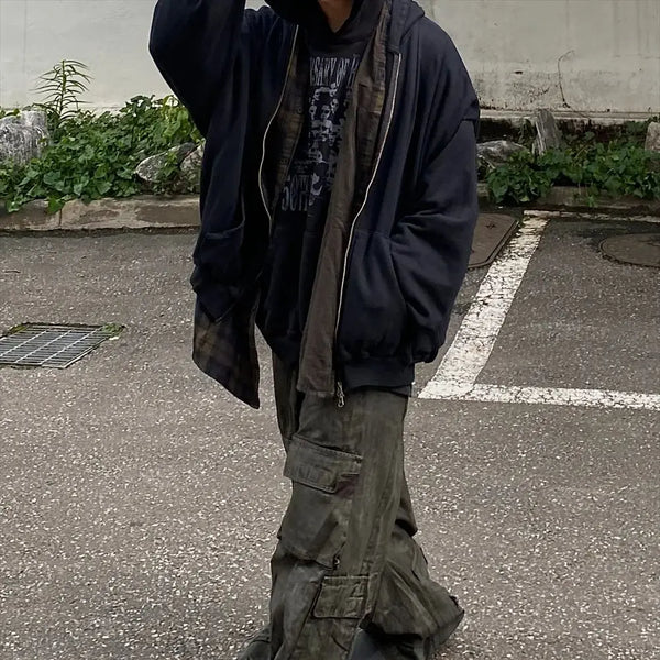anime oversized shirt featuring undermycar 2024 new high quality shirt plaid cover with layered zipper open up hoodie black