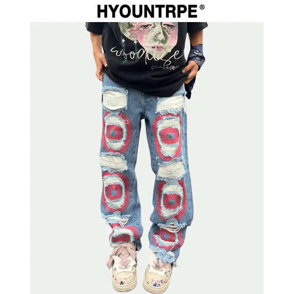 fashion ripped holes denim jeans harajuku embroidery straight jean trousers y2k trouser unisex hip hop streetwear jeans pants ripped baggy denim