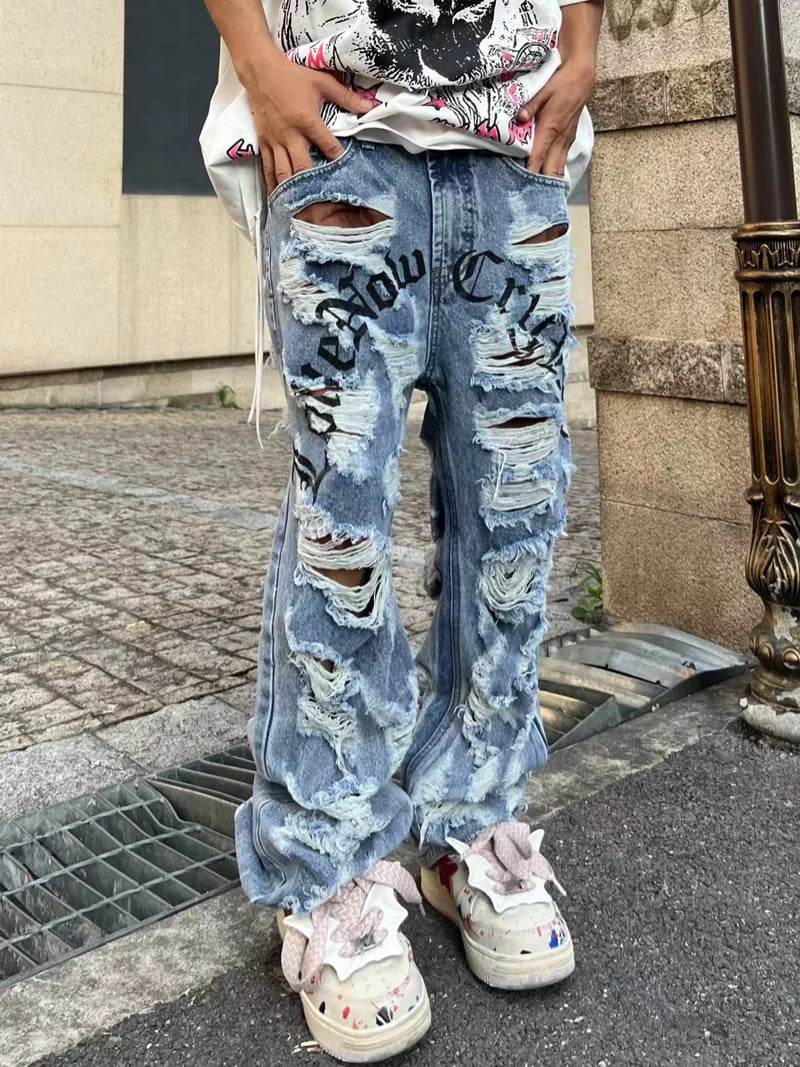 destroy ripped holes front letters embroidery denim jean pants men casual harajuku jean trouser hip hop streetwear pants joggers relaxed fit joggers