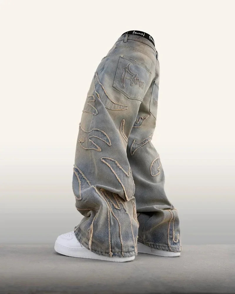 american gothic patchwork raw edge embroidered letter jeans mens street hip hop harajuku high waisted wide leg pants womens ripped baggy denim