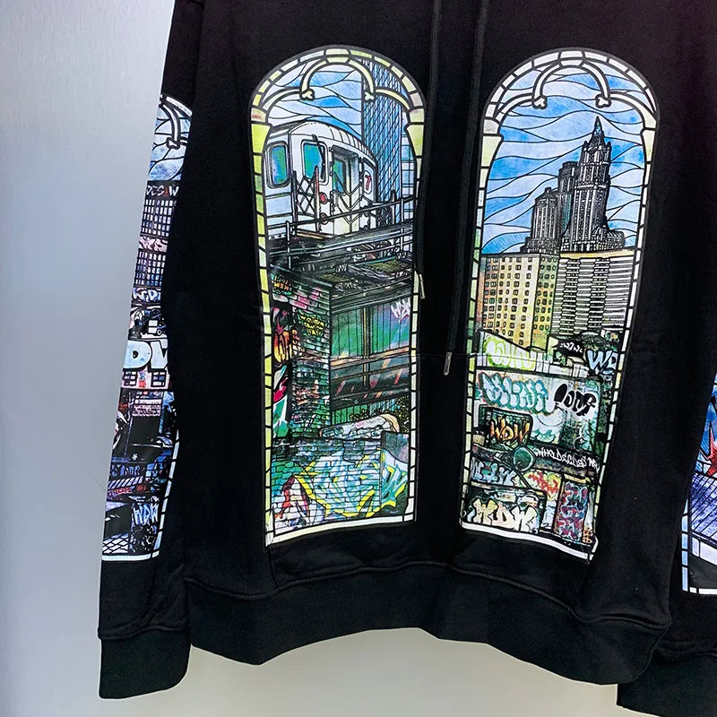 24Ss Autumn And Winter Who Decides War Hoodies Vintage City Cartoon Pr