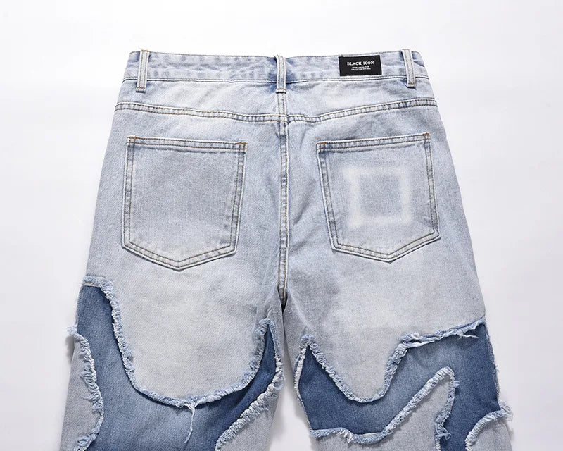 streetwear swag style blue frayed jeans pants for men retro washed ripped casual tapered denim trousers slim fit y2k jean male unique jeans style 70