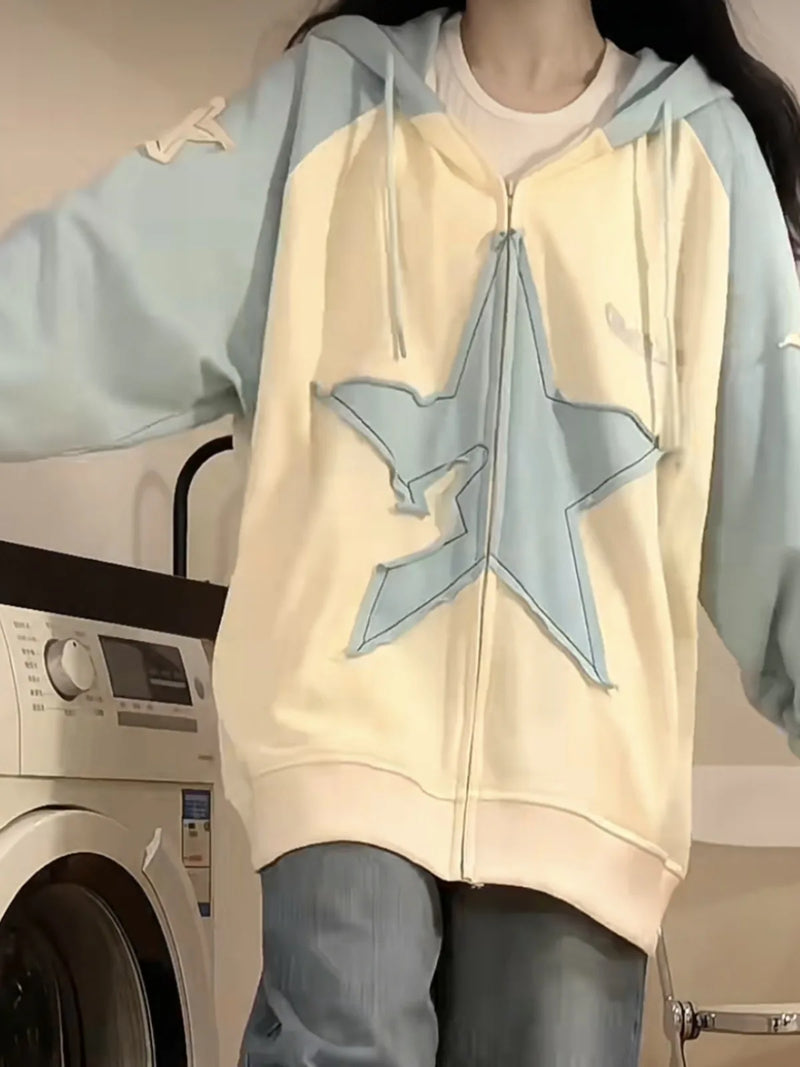 Spring Autumn Streetwear Star Graphic Zip Up Hoodie Women Vintage Y2K