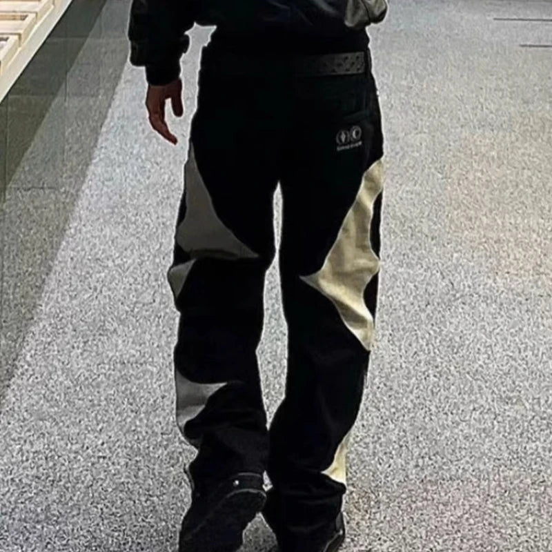 letter embroidery pu leaher patchwork baggy y2k jeans mens streetwear straight oversized denim trousers unisex cargo pants multi-pocket cargos