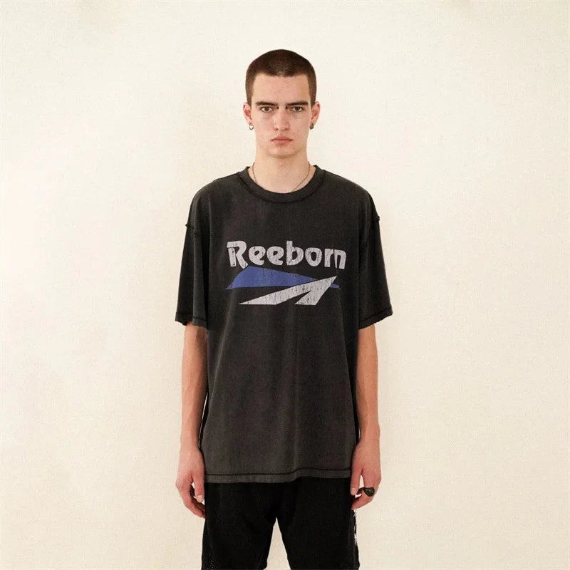 Anime Vintage t-shirt – False Letter Print Washed Distressed Faded Vintage Standard
