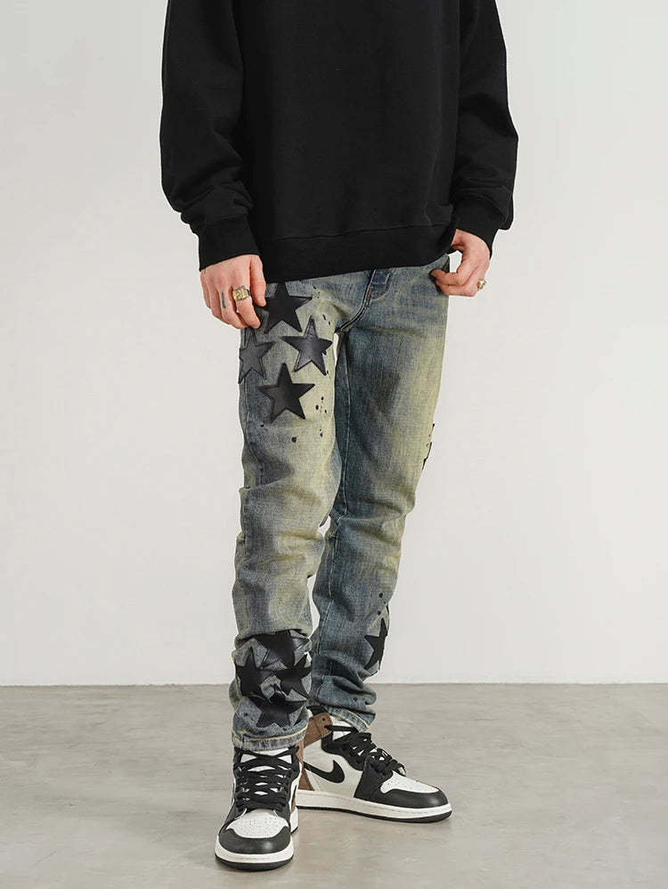 star appliques denim jeans skinny trousers slim fit men new casual biker jeans fashion streetwear hip hop trousers pants joggers unique joggers style 3553