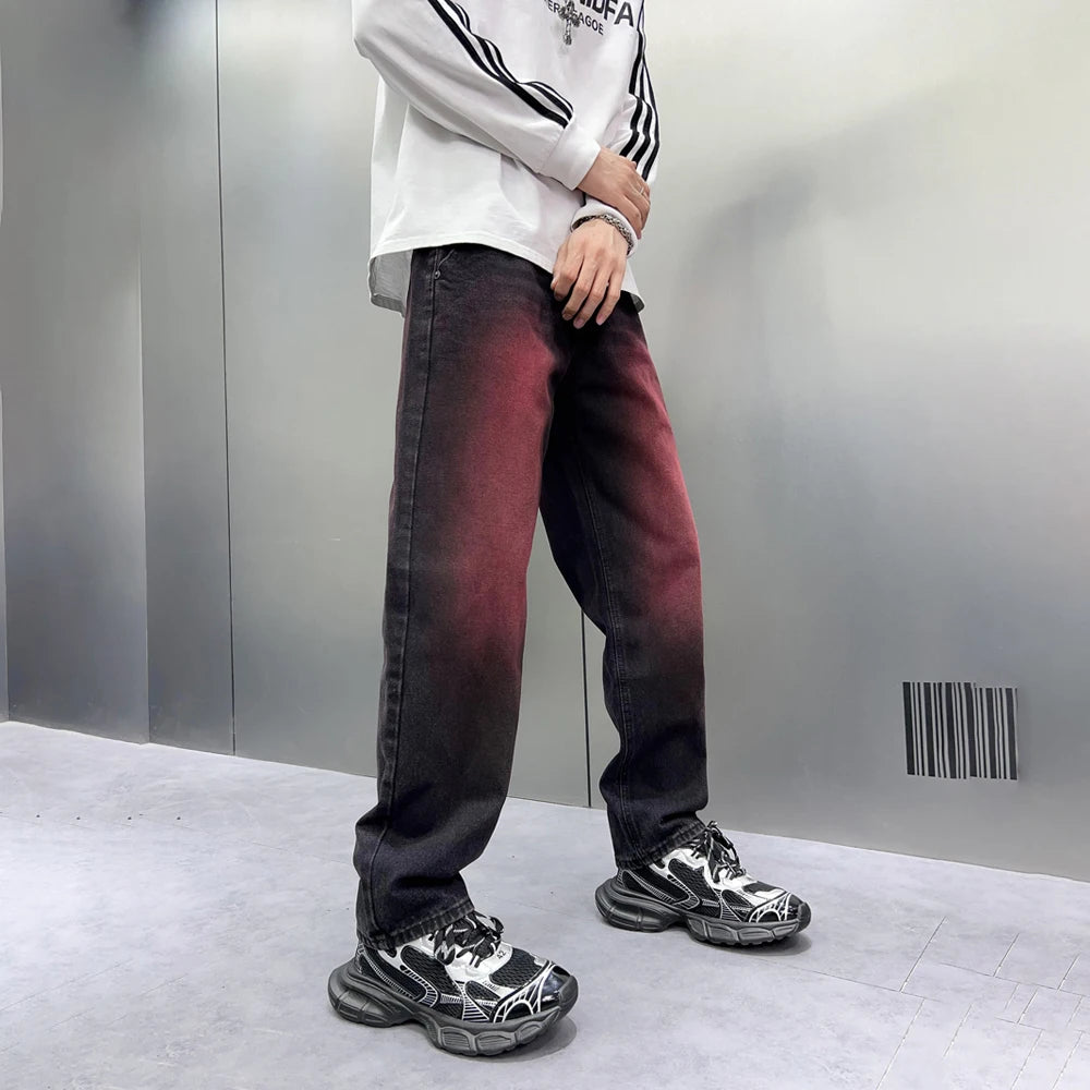 2024 spring autumn high street wide leg denim pants men render red loose straight jeans y2k fashion streetwear baggy trousers vintage washed jeans