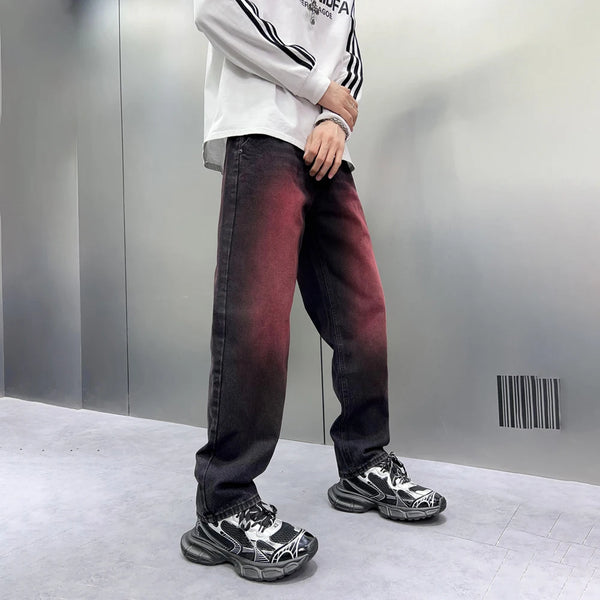 2024 spring autumn high street wide leg denim pants men render red loose straight jeans y2k fashion streetwear baggy trousers vintage washed jeans